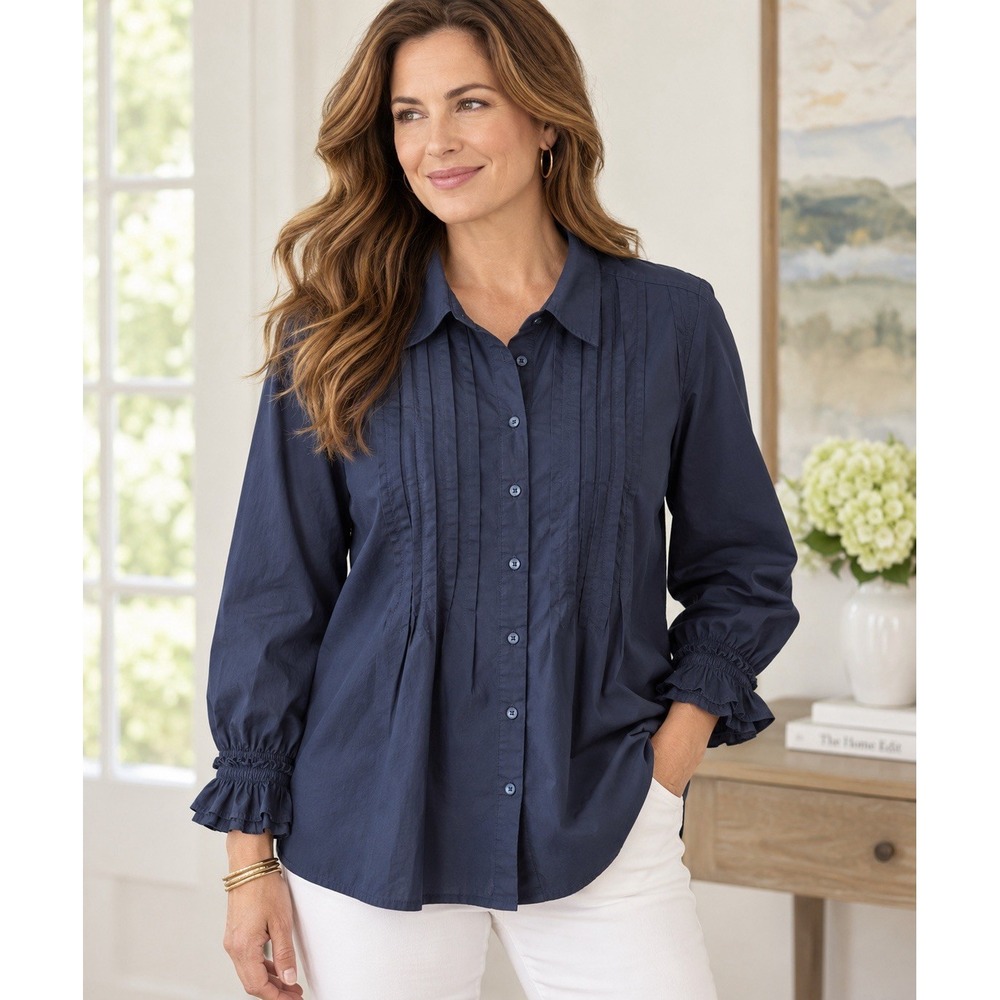 Chico's 3 XL 16/18 Navy Blue Poplin Pintuck Shirt Ruffle Cuff 100% Cotton